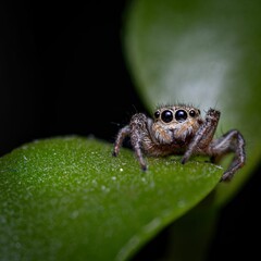 Close-up of an adorable brown and white Dendryphantes spider standing on a green leaf