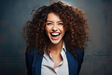 A Woman With Curly Hair Smiling And Wearing A Blue Blazer . Womens Business Attire, The Power Of A Smile, The Beauty Of Curly Hair, Blue Clothing And Accessories, Professional Image