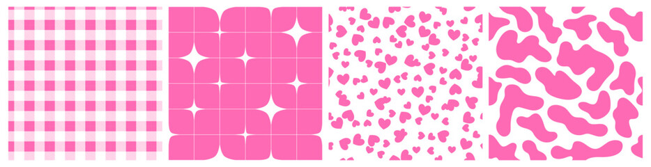 Set of Vector Seamless Pattern in Pinkcore Style. Pink Backgrounds with Checkers, Stars, Hearts and Abstract Geometric Shapes. Y2k Textures