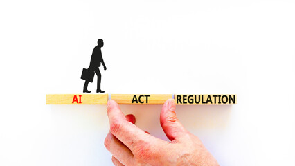 AI act regulation symbol. Concept words AI artificial intelligence act regulation on wooden block. Beautiful white background. Businessman hand. Business AI act regulation concept Copy space