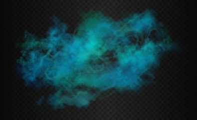 Ocean blue, teal, cobalt, azure, lapis colorful smoke cloud. Vector realistic water mist isolated on the semi transparent dark background.