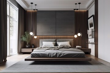 A minimalist mid-century modern bedroom with a platform. Generative AI