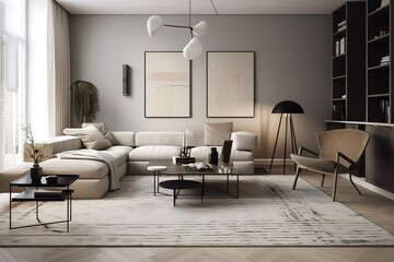 Modern living room with vacant white wall and beige couch,. Generative AI