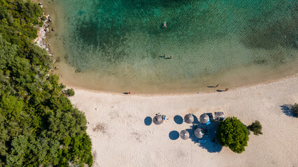Aerial top view on the Mediterranean beach. 