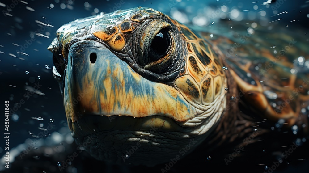 Aufkleber a close up of a turtle's face with water splashing on it. generative ai