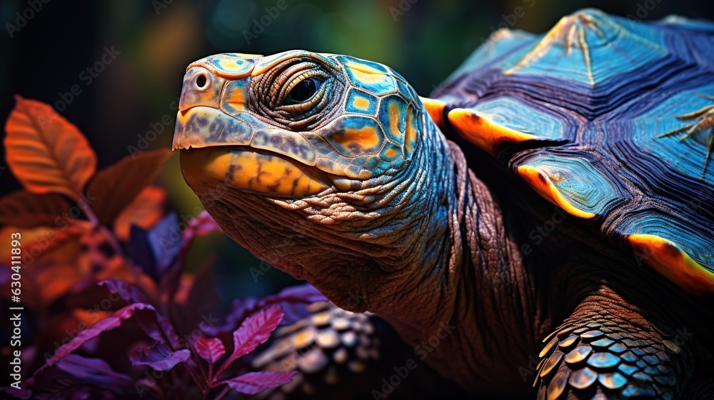 Poster a close up of a turtle in a field of flowers. generative ai