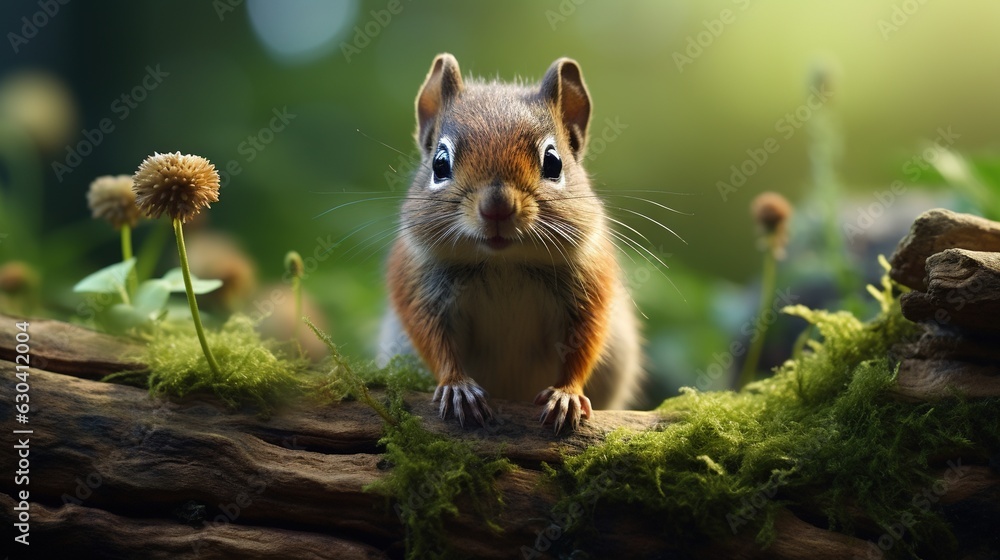 Poster a small squirrel is sitting on a tree branch with a dandelion in the foreground. generative ai