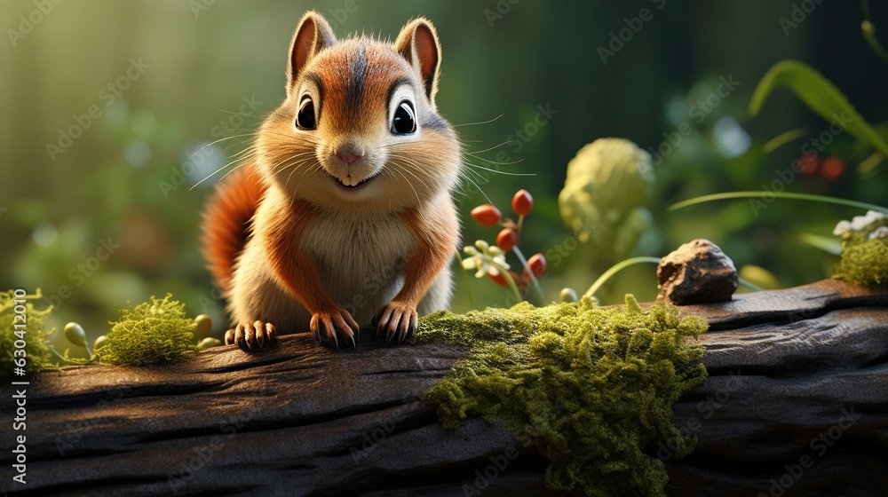 Poster a squirrel is standing on a log in a forest looking at the camera. generative ai