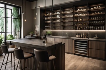 A sleek home bar area with a wine cooler modern bar stools and an assortment of liquor on glass shelves. Generated AI