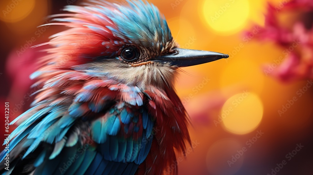 Aufkleber a colorful bird with feathers on it's head and a blurry background. generative ai