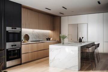 Fototapeta na wymiar Modern matte black kitchen with a marble countertop to create a modern and stylish look. generated AI