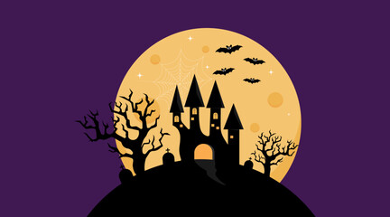Halloween. Vector illustration of a castle on a full moon.