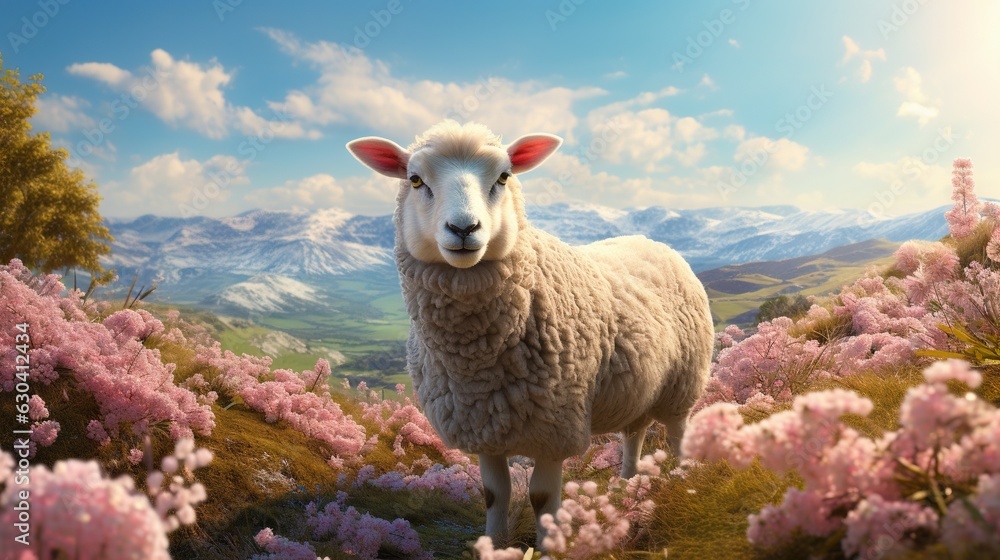 Poster a sheep standing in a field of flowers with mountains in the background. generative ai