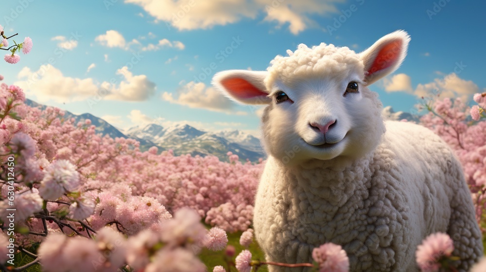 Poster a sheep standing in a field of flowers with mountains in the background. generative ai
