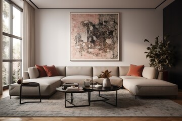 Living room decor, home interior design . Modern Art Deco style with Large Artwork decorated with Metal and Glass material . Generative AI