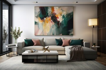 Living room decor, home interior design . Modern Art Deco style with Large Artwork decorated with Metal and Glass material . Generative AI
