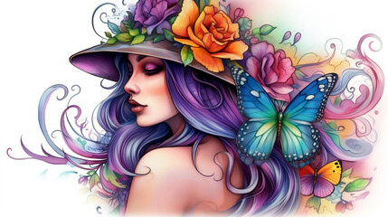 Beautiful girl with a hat and colorful flowers in her hair.butterflies in background, Digital watercolor painting.