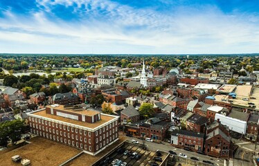 Fototapeta na wymiar Aerial view of historic buildings around Downtown Portsmouth in New Hampshire in the fall