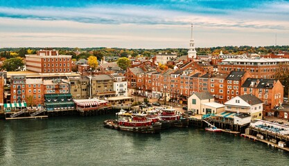 Aerial view of historic buildings around Downtown Portsmouth in New Hampshire in the fall