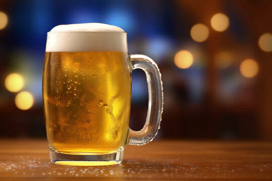 A mug of cold beer with foam on the table in pub, beautiful bokeh on the background, close up shot with copy space.