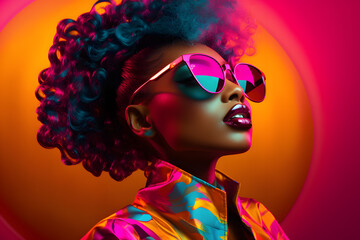 Young african american woman with sunglasses, beautiful makeup, bright neon colors, high fashion, studio portrait. Generated with AI.