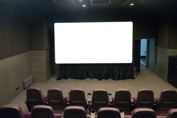 Empty stage in small movie theater and PNG isolated screen with transparent background