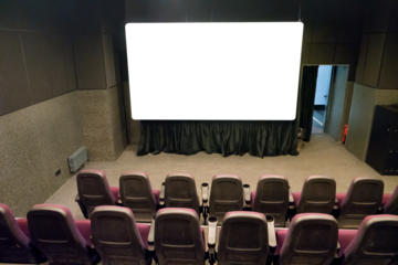 Empty stage in small movie theater and PNG isolated screen with transparent background