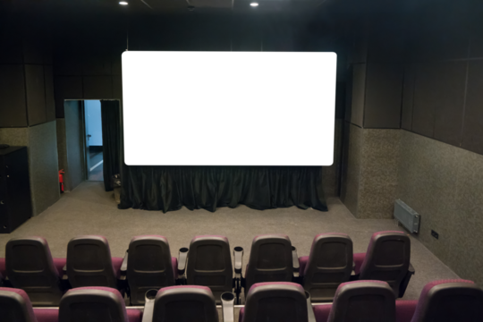 Empty stage in small movie theater and PNG isolated screen with transparent background
