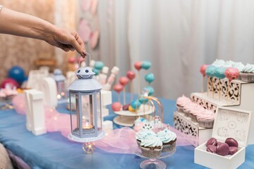 a table with cakes, treats and decorations for the girl's birthday party