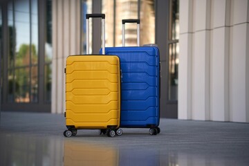 Yellow and blue suitcases on the street in front of a building.