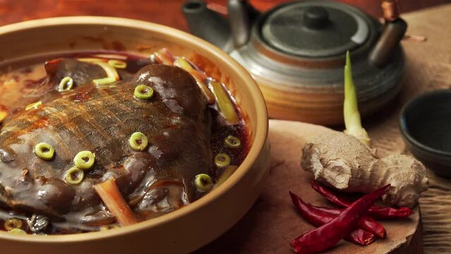 Special Chinese cuisine Braised soft-shelled turtle with scallions