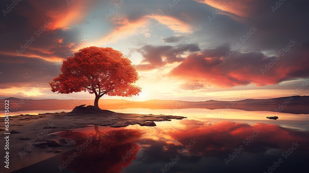 Poster a lone tree on a small island in the middle of a lake. generative ai