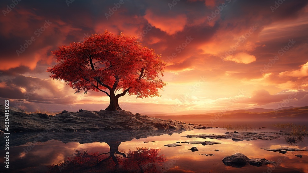 Poster a painting of a tree on a small island in the middle of a lake. generative ai