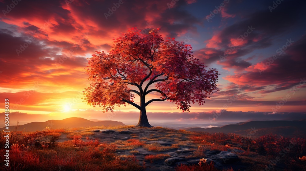 Poster a painting of a tree on a hill with a sunset in the background. generative ai