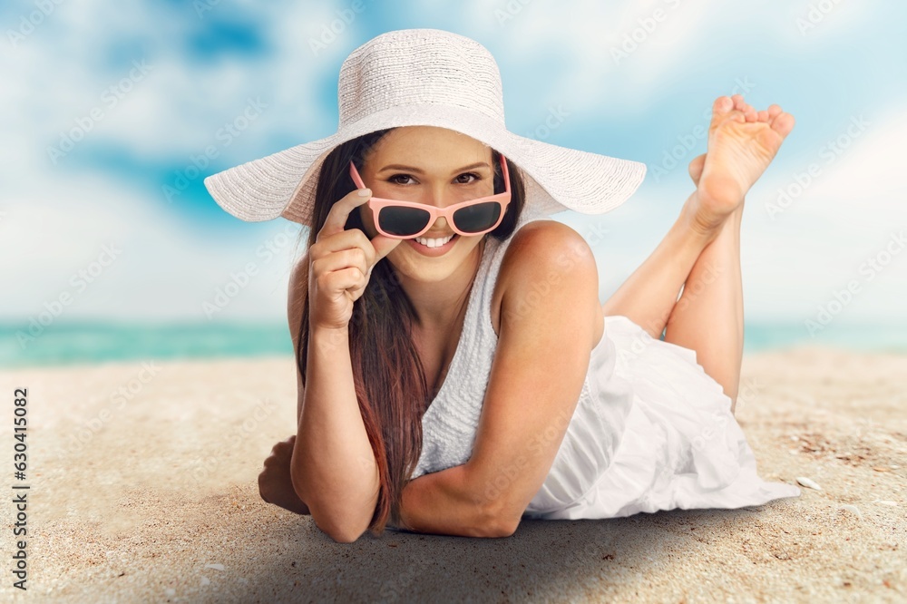 Sticker Summer Vacation concept. Woman enjoying at Beach.