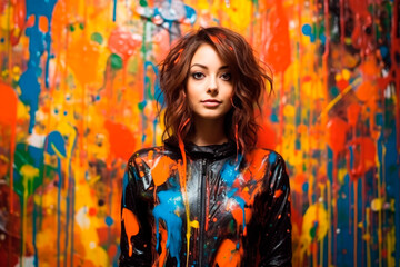 Plakat Dripping colorful paint across the beautiful young woman
