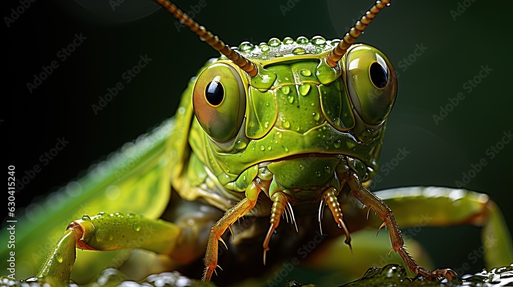 Poster a close up of a grasshopper with drops of water on its face. generative ai