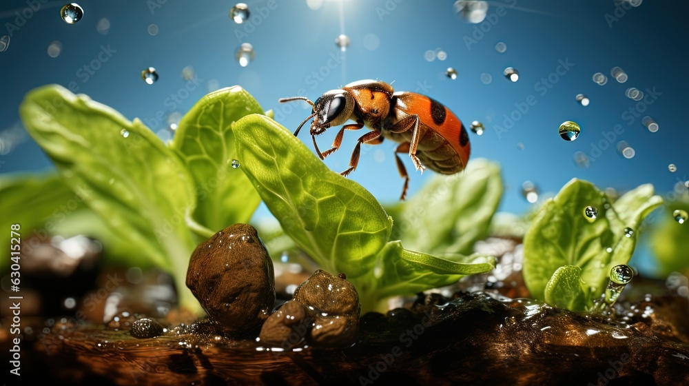 Poster a close up of a bug on a leaf with water droplets. generative ai