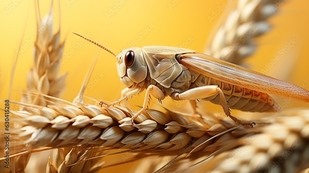 Poster a close up of a grasshopper on a stalk of wheat. generative ai