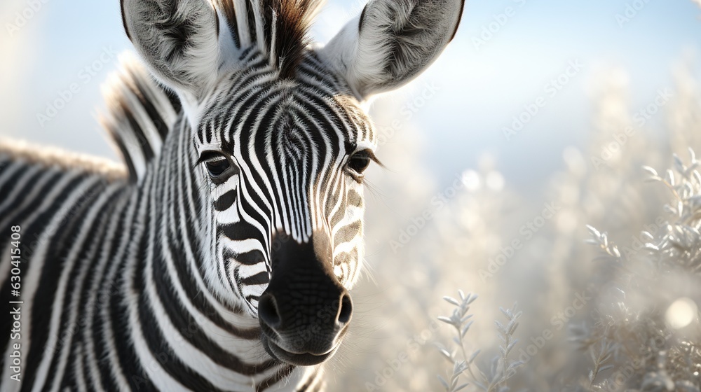 Poster a close up of a zebra in a field of grass. generative ai