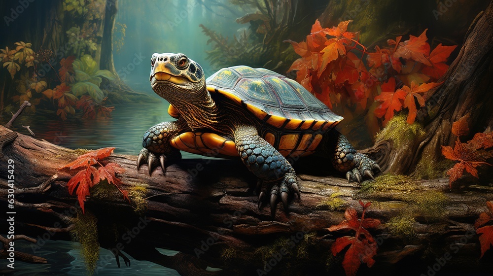 Poster a painting of a turtle on a log in a forest. generative ai