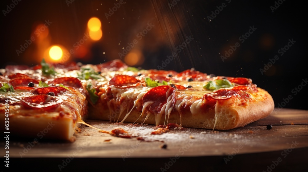 Poster a close up of a pizza on a table with a candle in the background. generative ai