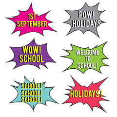 Back to School in comic speech bubbles, pop art style. Education concept. Comic dialog cloud, space cartoon. Set memphis school comic bubble halftone dot. Creative idea conversation explosion balloon