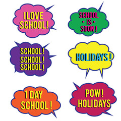 Back to School in comic speech bubbles, pop art style. Education concept. Comic dialog cloud, space cartoon. Set memphis school comic bubble halftone dot. Creative idea conversation explosion balloon