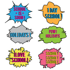 Back to School in comic speech bubbles, pop art style. Education concept. Comic dialog cloud, space cartoon. Set memphis school comic bubble halftone dot. Creative idea conversation explosion balloon