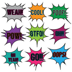 Back to School in comic speech bubbles, pop art style. Education concept. Comic dialog cloud, space cartoon. Set memphis school comic bubble halftone dot. Creative idea conversation explosion balloon