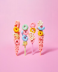 Colorful cereals candy sticks, creative breakfast concept. 