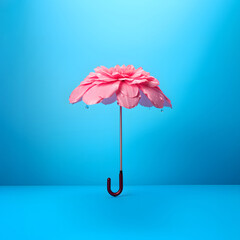 A pink flower petal umbrella against a pastel blue background. Minimal spring weather concept.