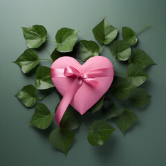 Pink gift box in the shape of a heart on a base of fresh green leaves, a romantic concept of gifting a loved one.