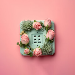 Electrical outlet for network devices in a floral arrangement, pastel pink and pink colors, creative green energy concept.